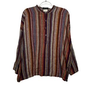 Eskandar Shirt 100% Linen Striped Top Womens Sz 0 Mandarin Collar Lagenlook